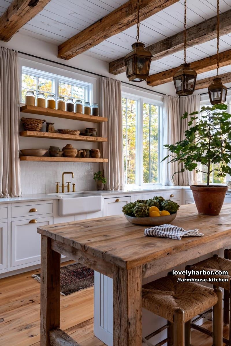 rustic kitchen with wood beams, shiplap ceiling, open shelves, and beige accents. 1