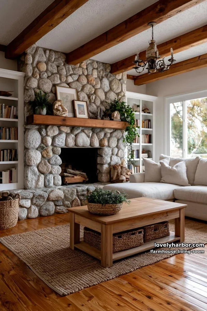 rustic living room with stone fireplace, built-in bookshelves, sectional, and vintage chandelier. 1