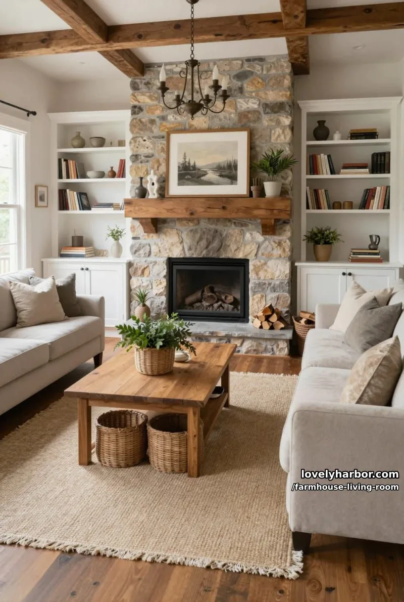 rustic living room with stone fireplace, built-in bookshelves, sectional, and vintage chandelier. 1