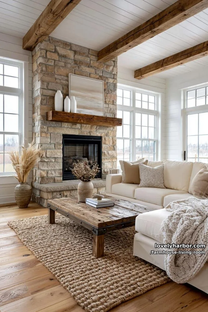 rustic living room with stone fireplace, cream sectional, wooden coffee table, and grid windows. 1