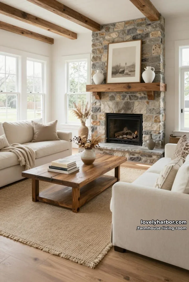 rustic living room with stone fireplace, cream sectional, wooden coffee table, and grid windows. 1