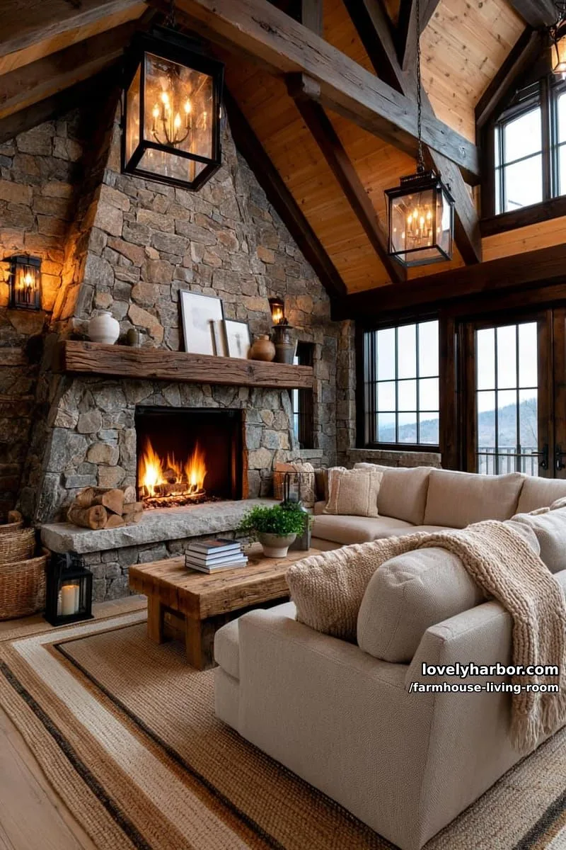rustic living room with vaulted wood ceiling, stone fireplace, beige sectional, and lantern lighting. 1