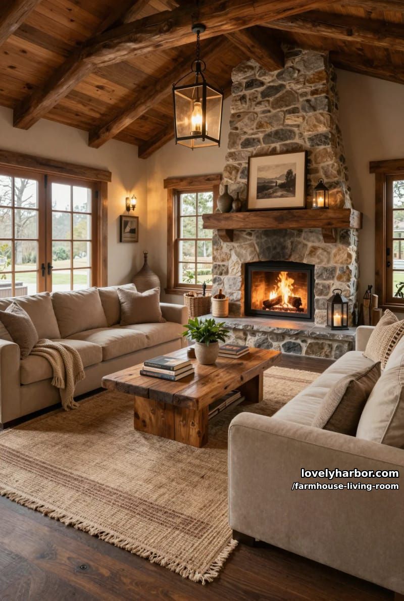 rustic living room with vaulted wood ceiling, stone fireplace, beige sectional, and lantern lighting. 1