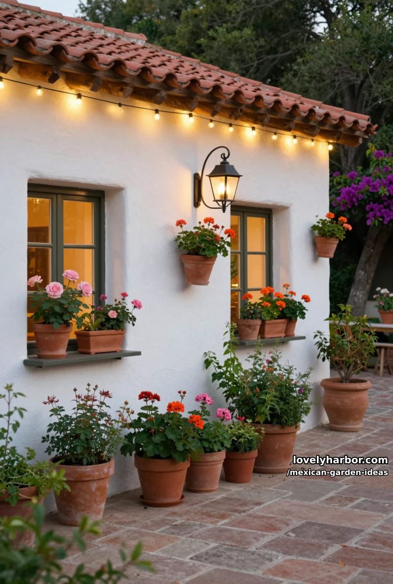rustic mediterranean house with white stucco, terracotta roof, and potted flowers. 1