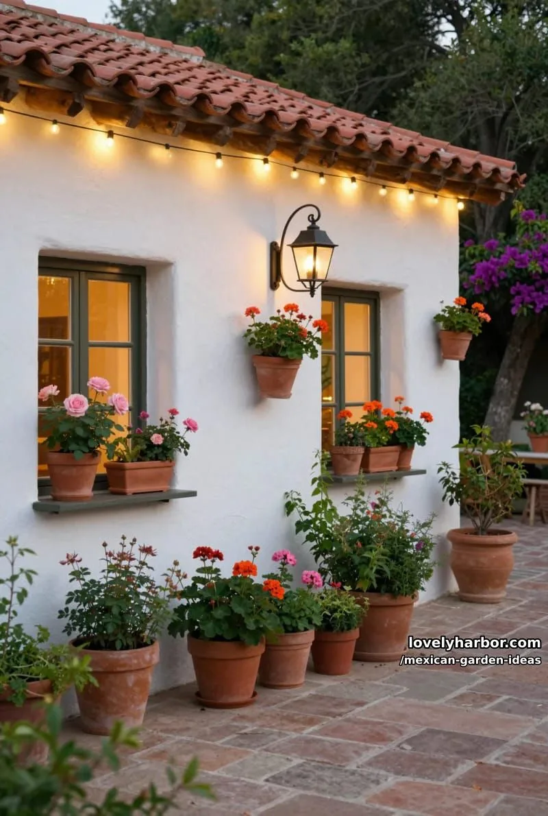 rustic mediterranean house with white stucco, terracotta roof, and potted flowers. 1