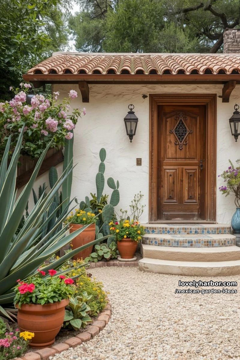 rustic mediterranean house with white stucco, terracotta roof, and potted flowers. 1