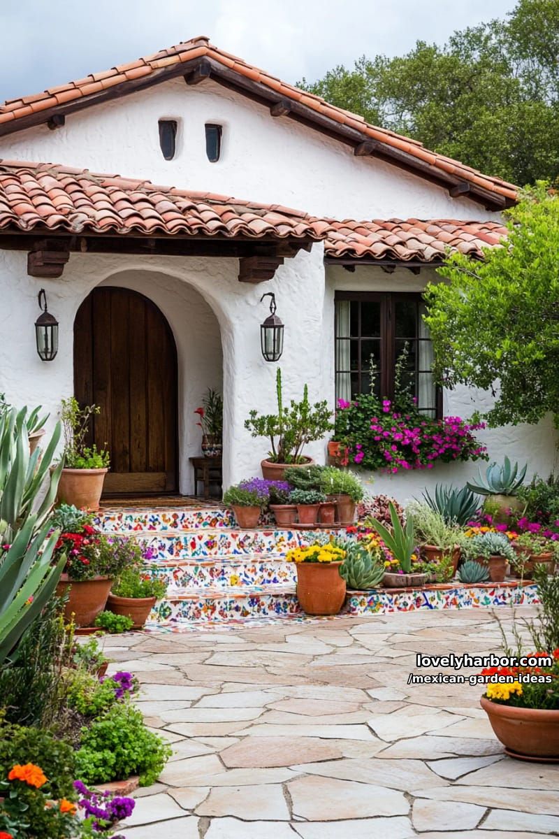 rustic mediterranean house with white stucco, terracotta roof, and potted flowers. 1