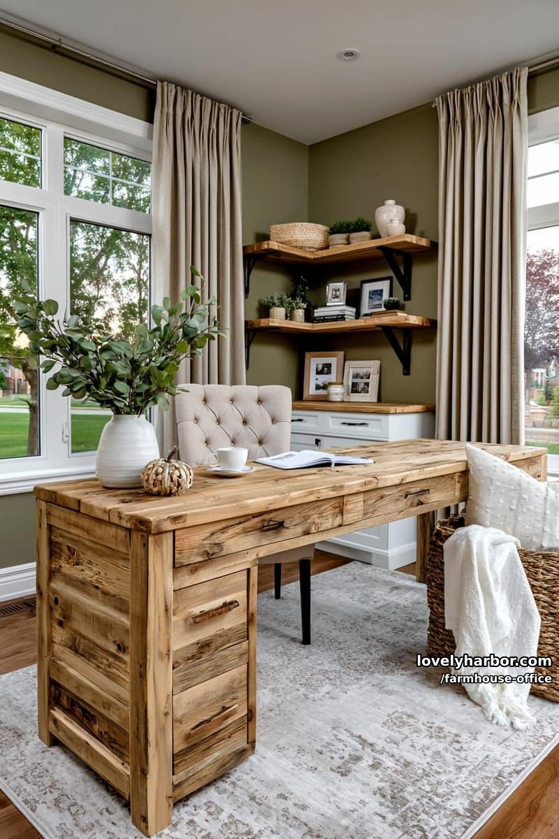 rustic office with green walls, floating shelves, woven baskets, and natural light. 1