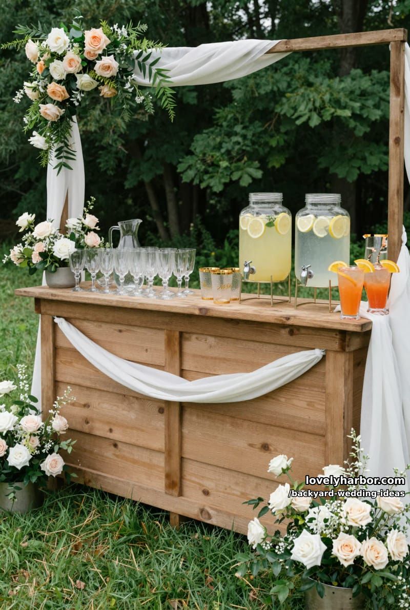 rustic outdoor drink bar with floral arrangements and lemonade dispensers. 1
