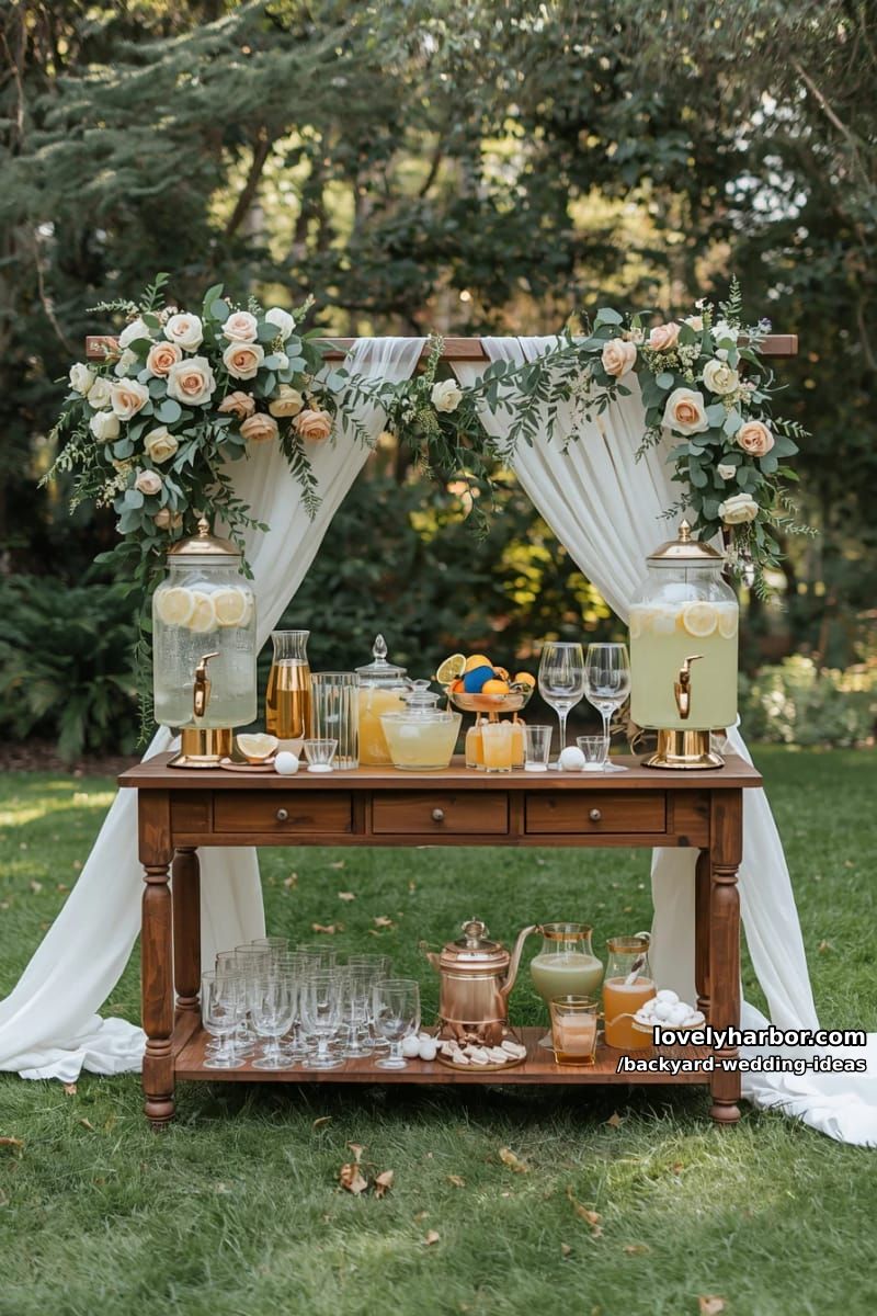 rustic outdoor drink bar with floral arrangements and lemonade dispensers. 1