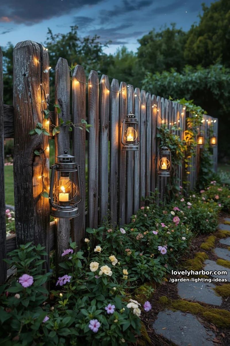 rustic picket fence draped with string lights and lanterns in garden. 1