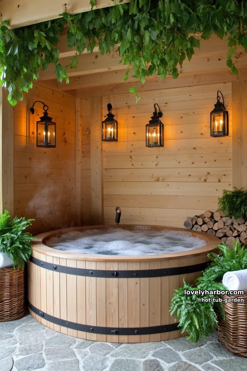 rustic pine-paneled hot tub room with hanging vines and lantern. 1