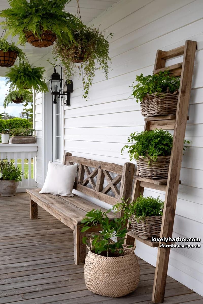 rustic porch with bench, ladder shelf, wicker baskets, and hanging fern planters. 1