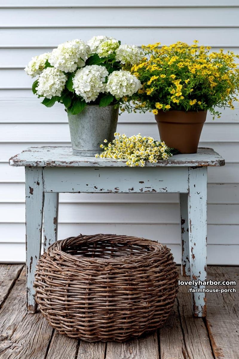 rustic porch with blue table, hydrangeas, yellow flowers, and wicker basket. 1