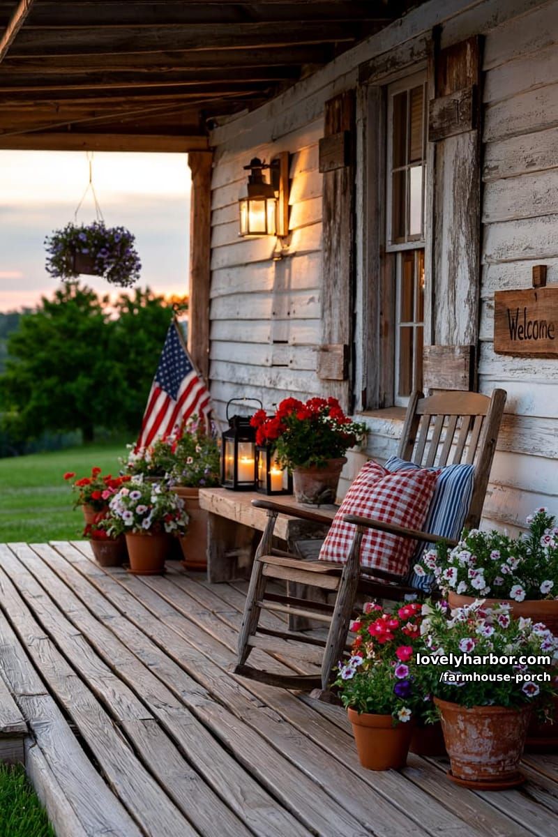 rustic porch with rocking chair, colorful flowers, american flag, and welcome sign. 1