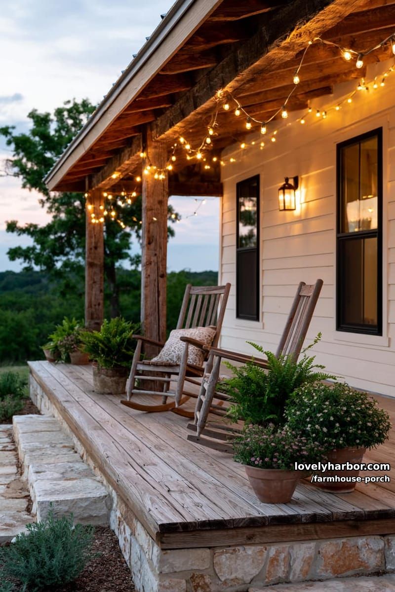 rustic porch with rocking chairs, potted plants, string lights, and stone steps. 1