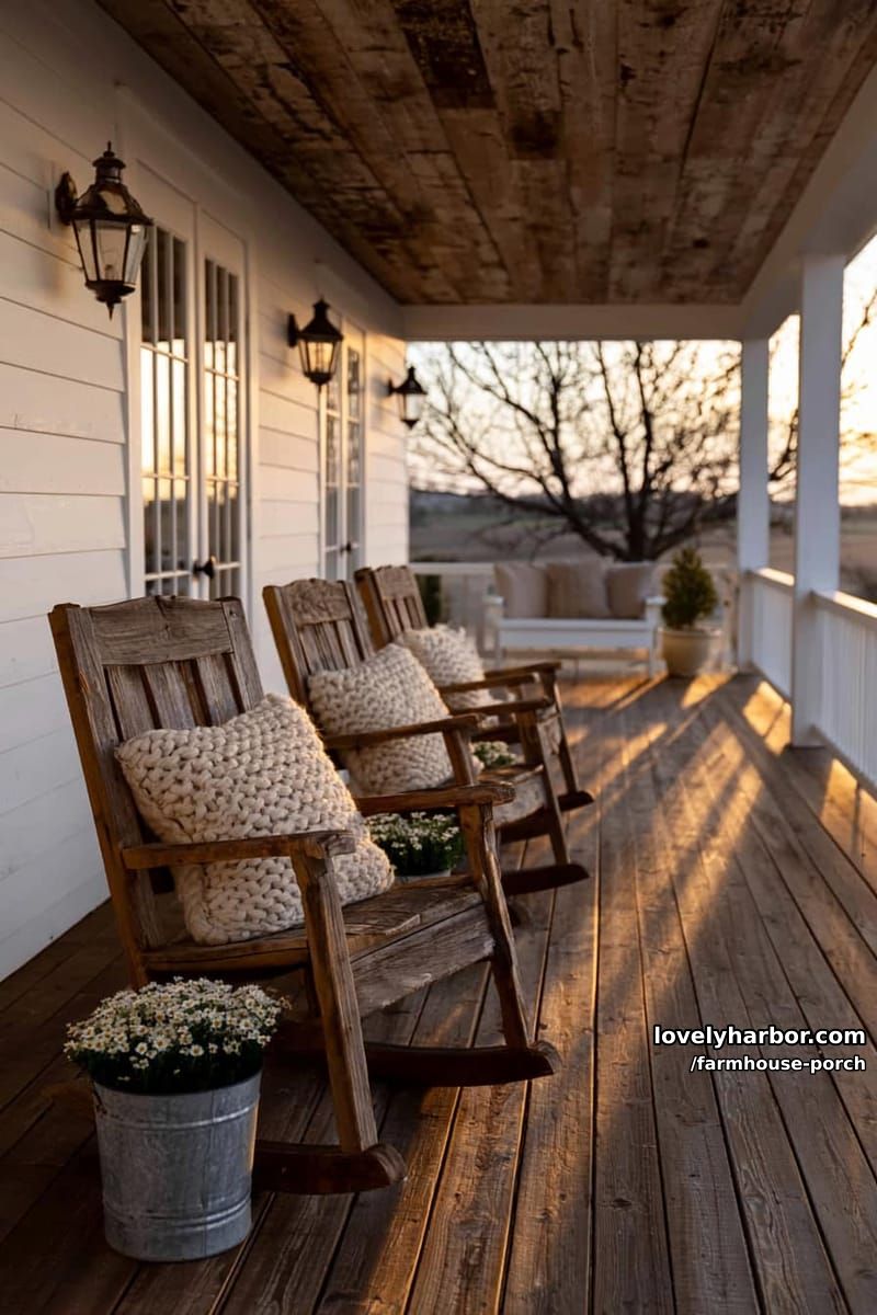 rustic porch with weathered rocking chairs, metal buckets, and golden sunlight. 1