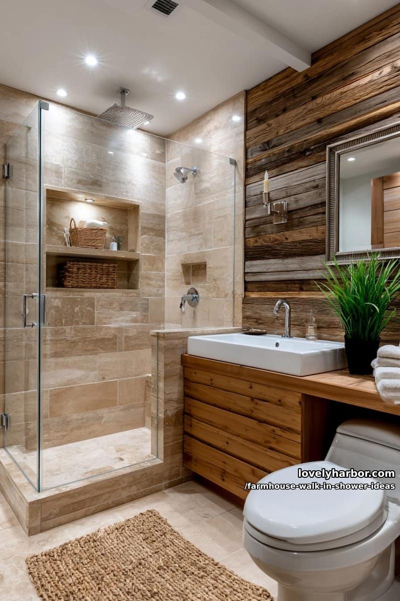 rustic shower with beige stone tiles, built-in niches, and wood vanity. 1
