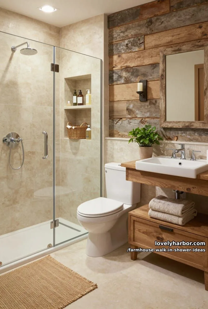 rustic shower with beige stone tiles, built-in niches, and wood vanity. 1