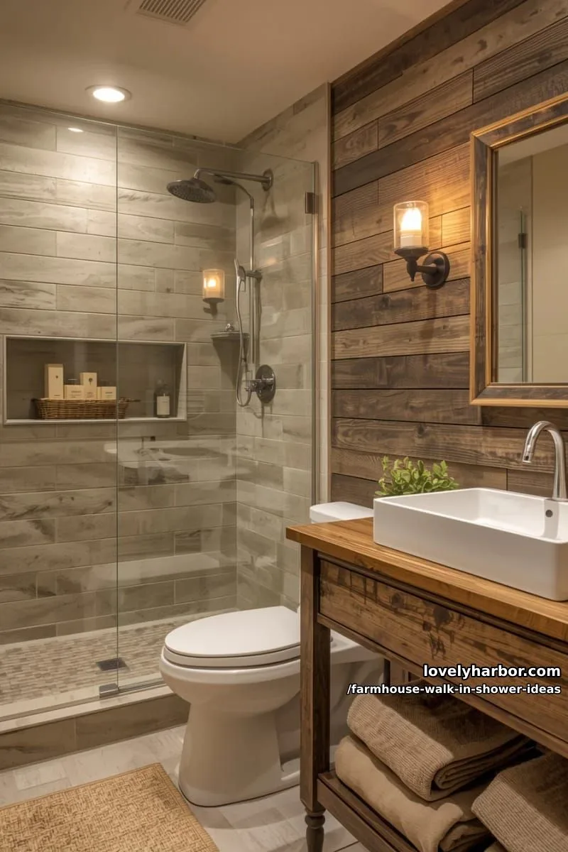 rustic shower with beige stone tiles, built-in niches, and wood vanity. 1