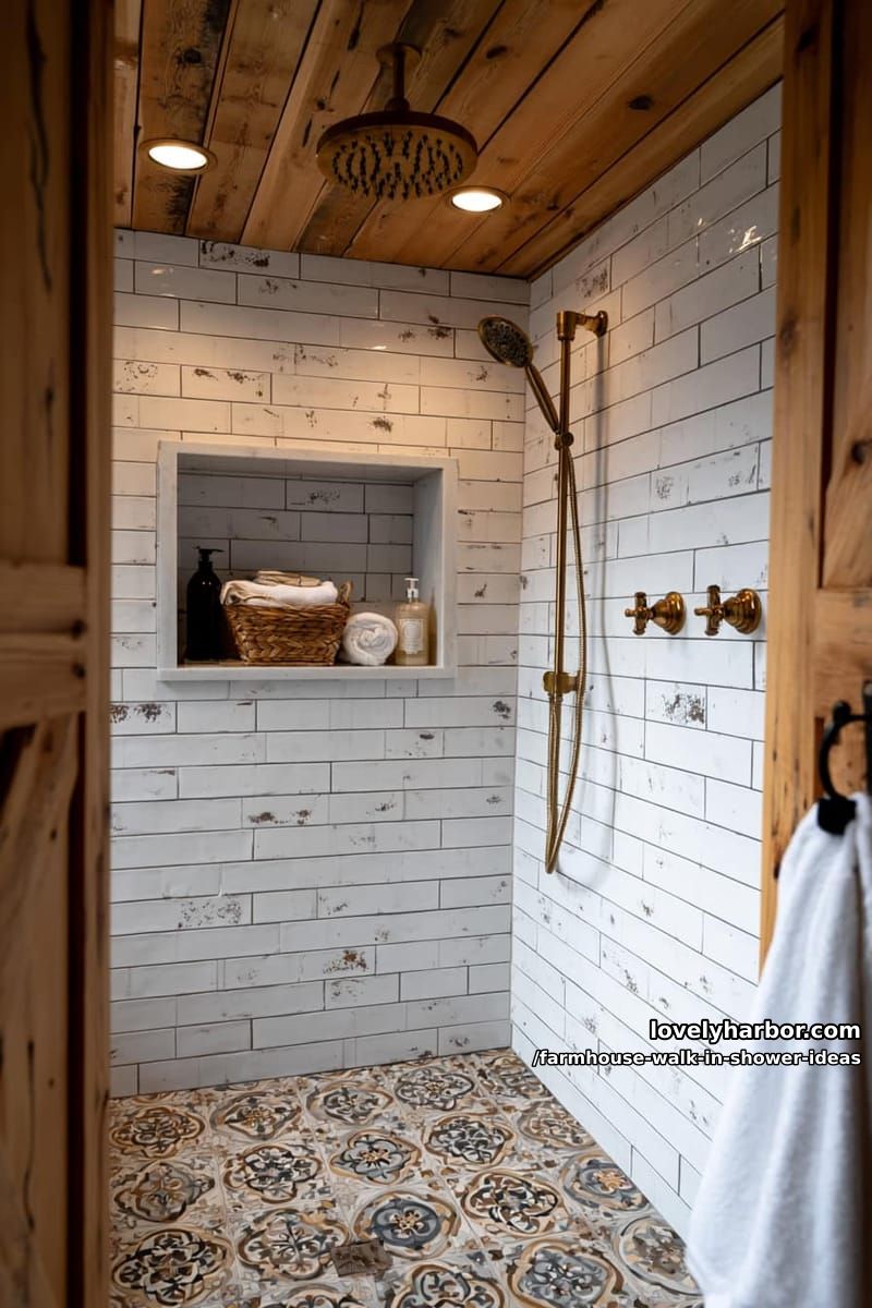 rustic shower with distressed subway tiles, wood ceiling, brass fixtures, and niche. 1
