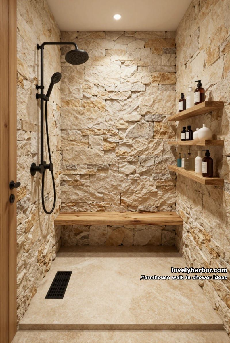 rustic shower with stacked stone walls, wooden bench, pebble floor, and black fixtures. 1