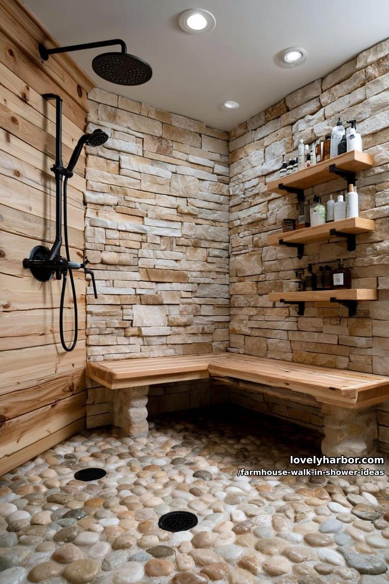 rustic shower with stacked stone walls, wooden bench, pebble floor, and black fixtures. 1