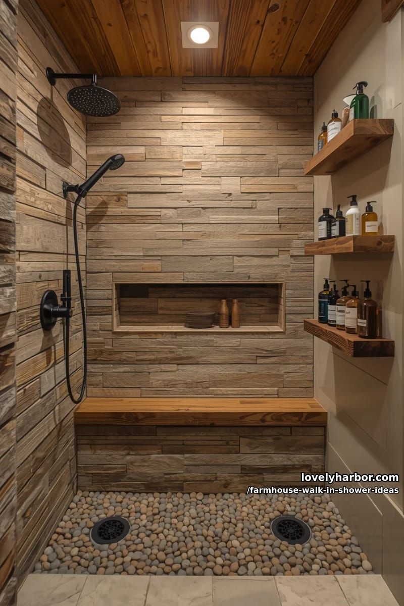 rustic shower with stacked stone walls, wooden bench, pebble floor, and black fixtures. 1
