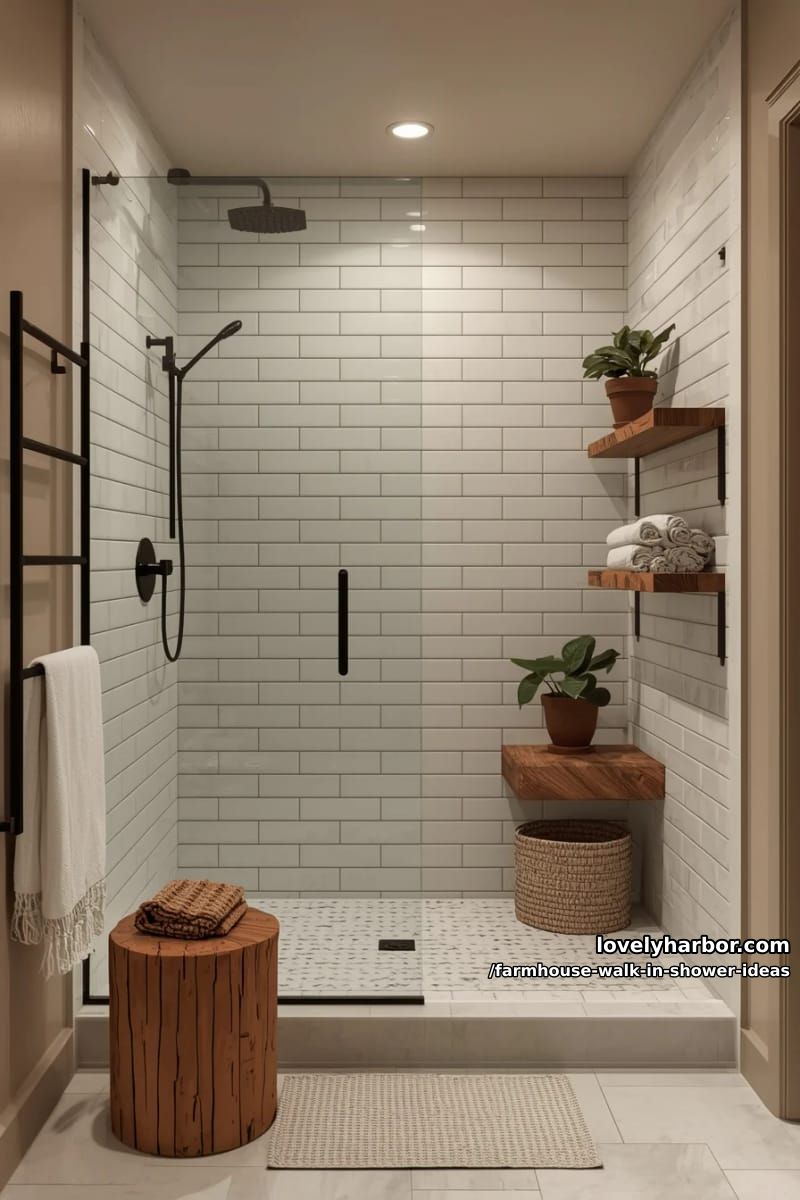 rustic shower with subway tiles, glass enclosure, wood bench, and black fixtures. 1