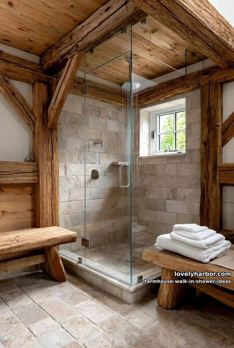 rustic walk-in shower with stone tiles, wood beams, and natural light. 1