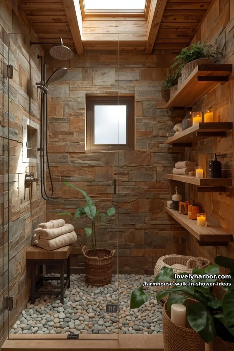 rustic walk-in shower with stone walls, pebble floor, rainfall shower, and wood bench. 1