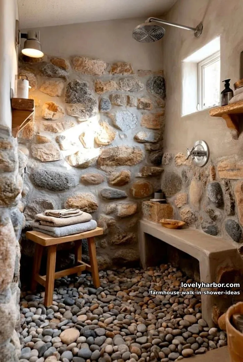 rustic walk-in shower with stone walls, pebble floor, rainfall shower, and wood bench. 1