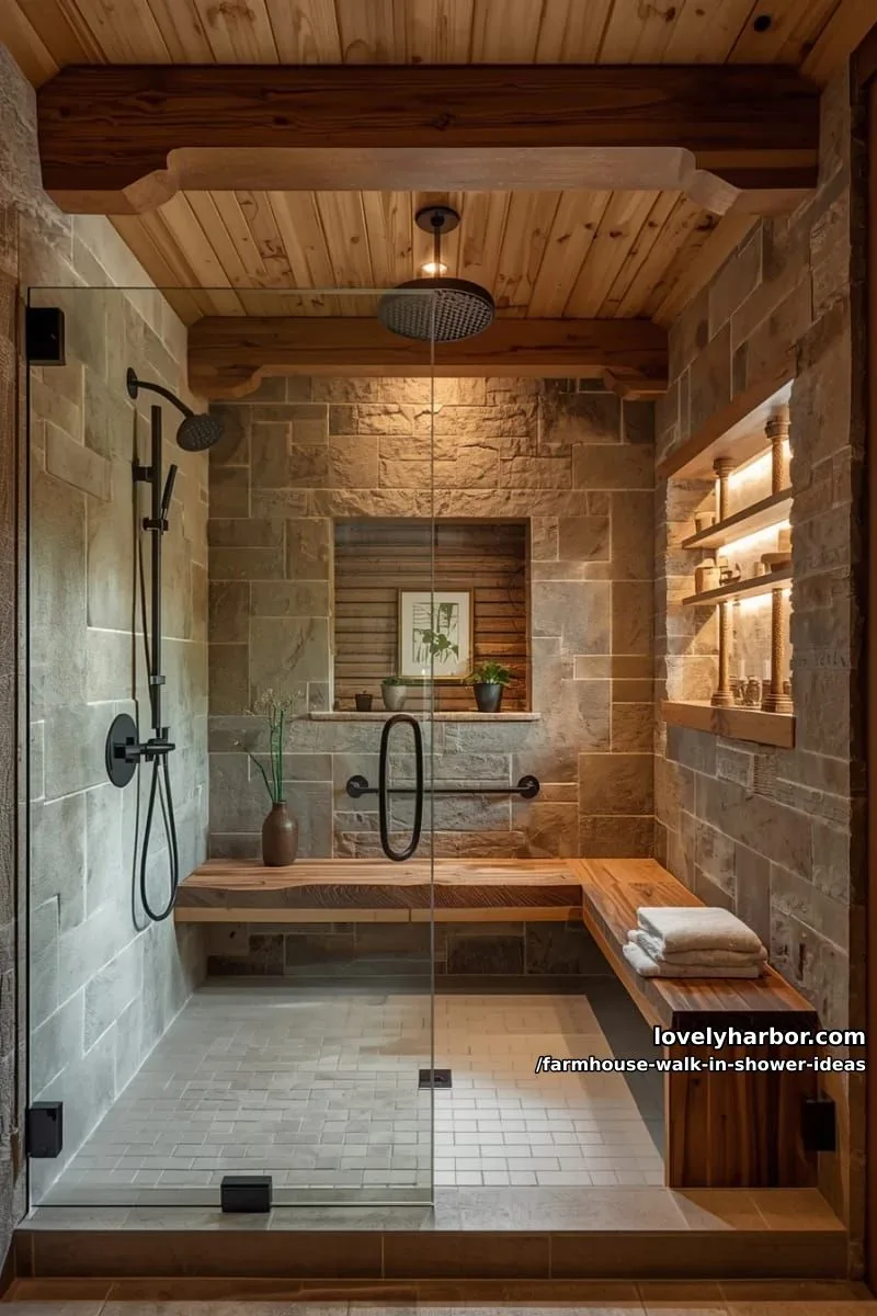 rustic walk-in showers with wood beams, stone walls, and cozy spa-like elements. 1