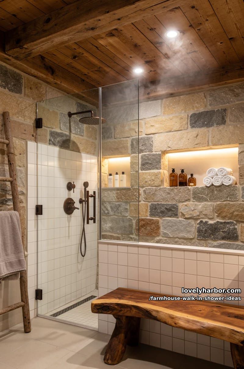 rustic walk-in showers with wood beams, stone walls, and cozy spa-like elements. 1