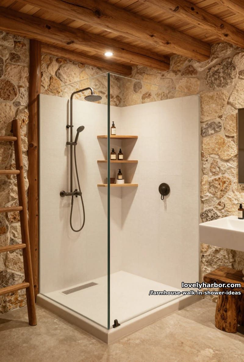 rustic walk-in showers with wood beams, stone walls, and cozy spa-like elements. 1