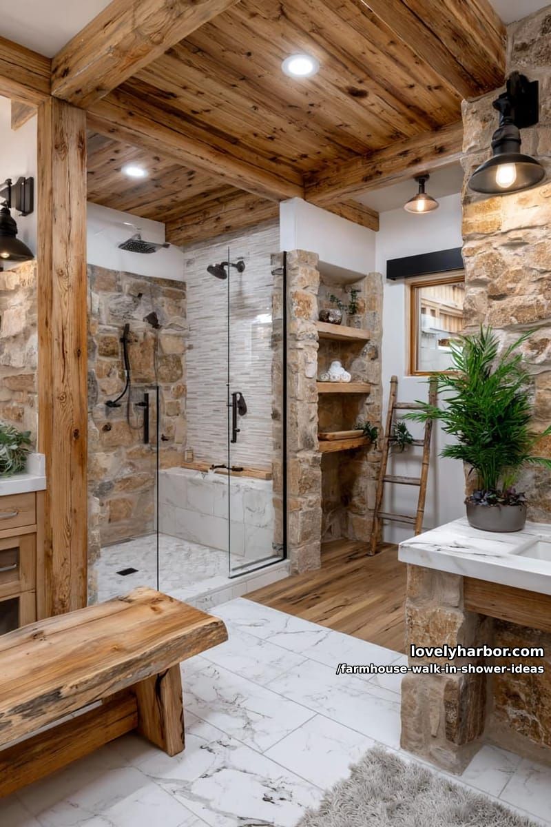 rustic walk-in showers with wood beams, stone walls, and cozy spa-like elements. 1