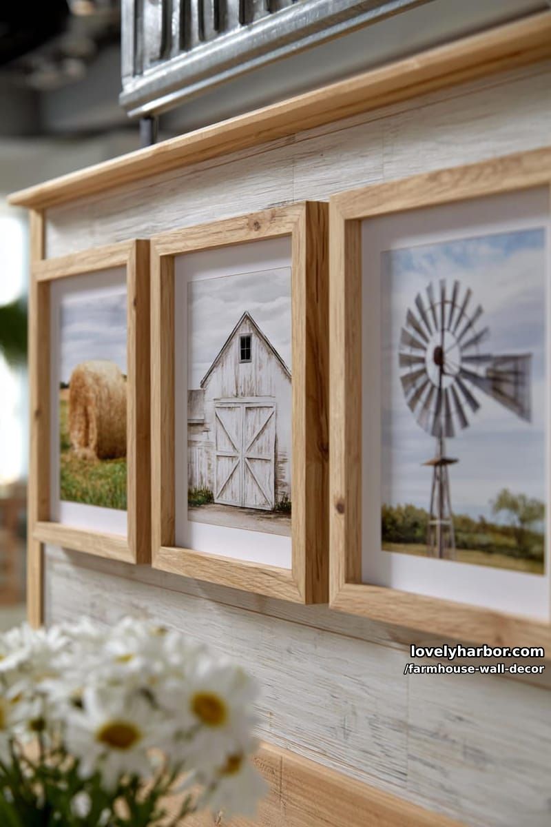 rustic wall decor with framed watercolor barn, hay bale, and windmill. 1