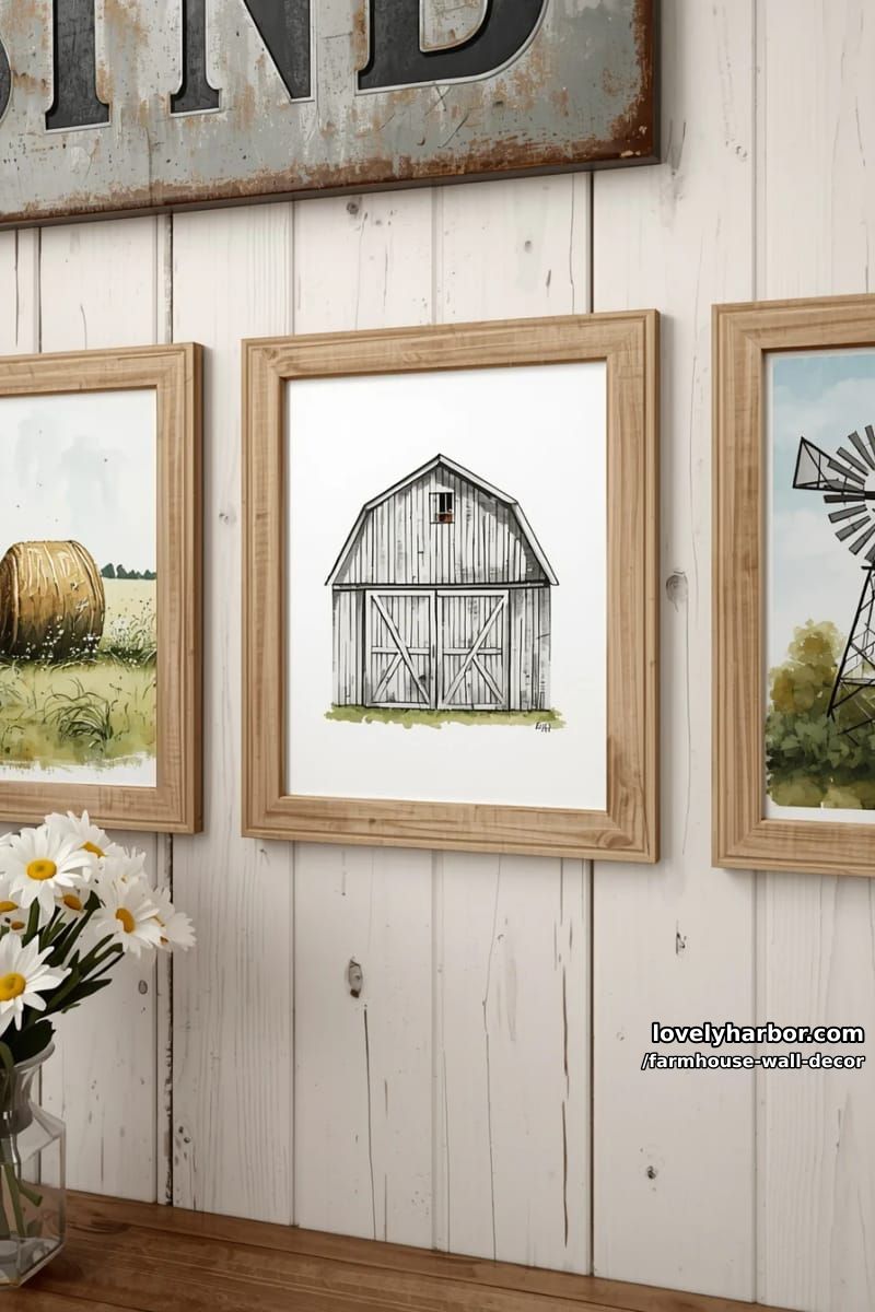 rustic wall decor with framed watercolor barn, hay bale, and windmill. 1