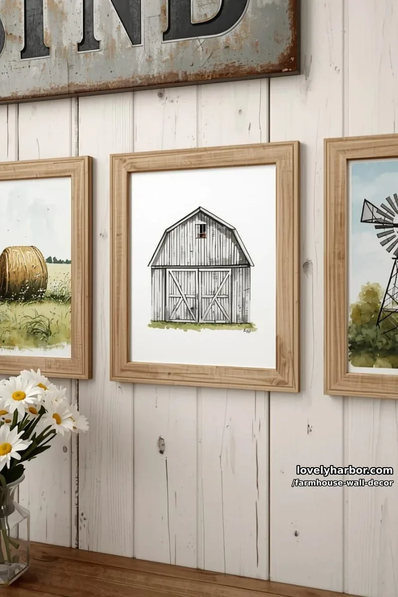rustic wall decor with framed watercolor barn, hay bale, and windmill. 1