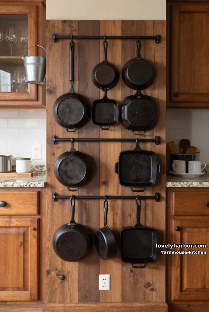 rustic wall panel with metal racks for hanging cast iron pans. 1