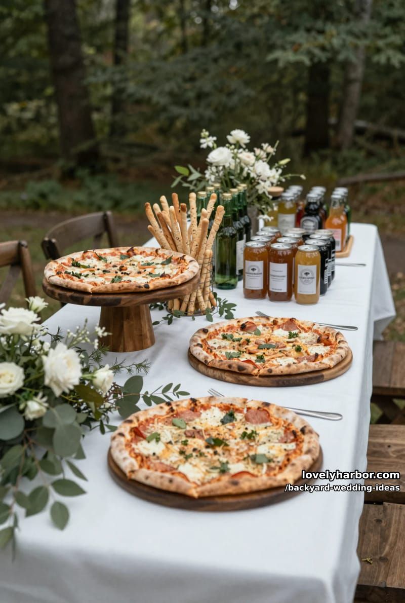rustic wedding buffet with pizzas, breadsticks, and white floral arrangements. 1