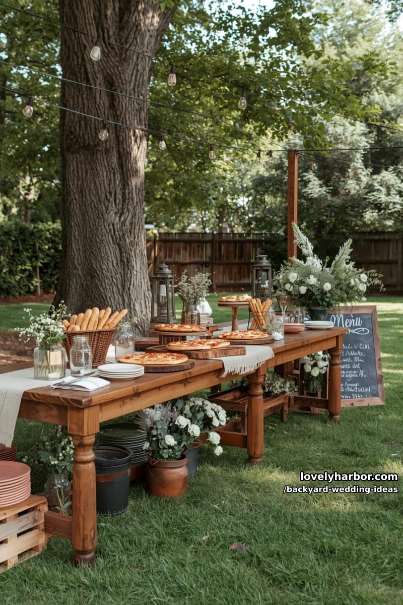 rustic wedding buffet with pizzas, breadsticks, and white floral arrangements. 1