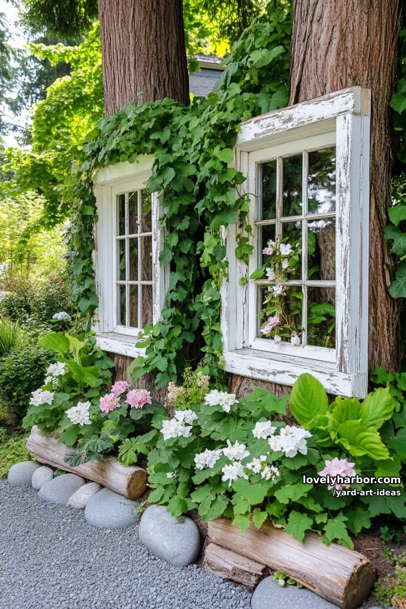 rustic window frames covered in ivy and surrounded by star-shaped flowers. 1
