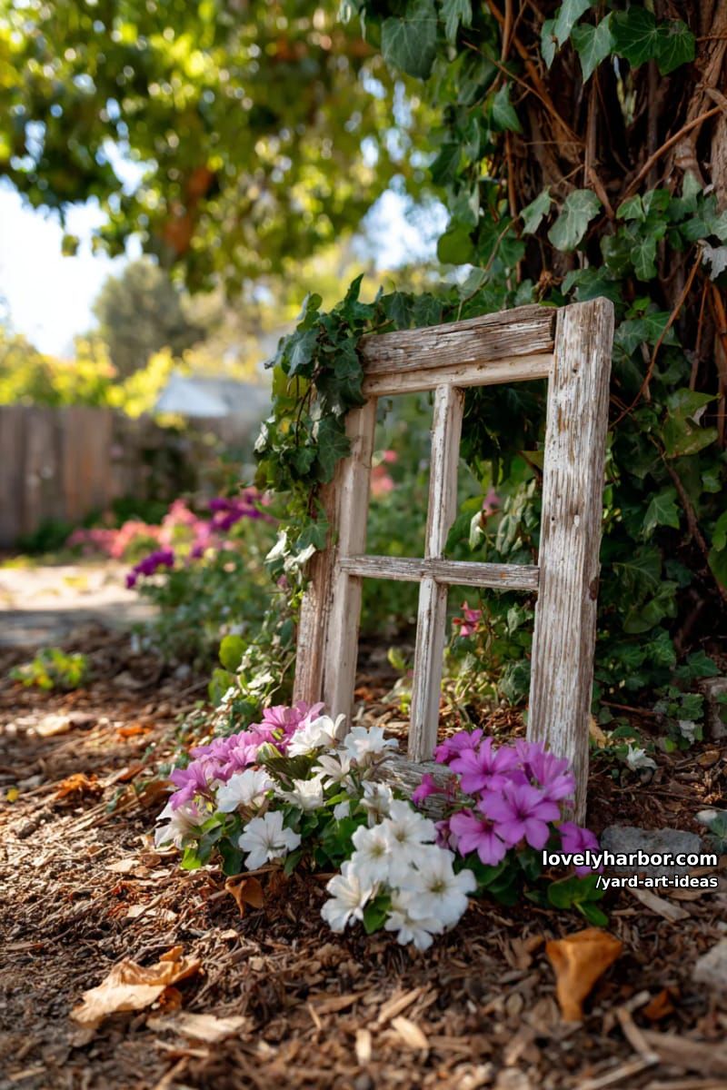 rustic window frames covered in ivy and surrounded by star-shaped flowers. 1