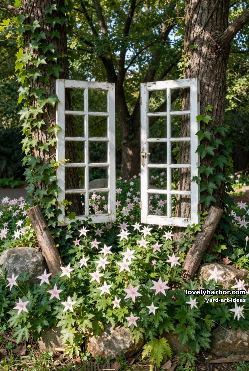 rustic window frames covered in ivy and surrounded by star-shaped flowers. 1