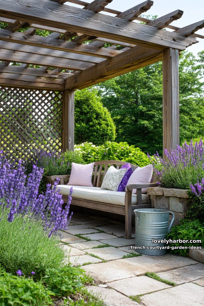 rustic wooden pergola, weathered bench, flowering plants, stone planters, and vintage decor. 1