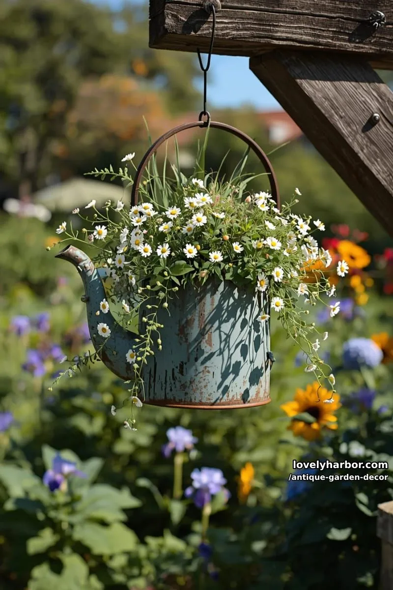 20 Antique Garden Decor Ideas for an Extraordinary Look 44 rusty metal teapot planter with flowers hanging in a sunny garden. 1
