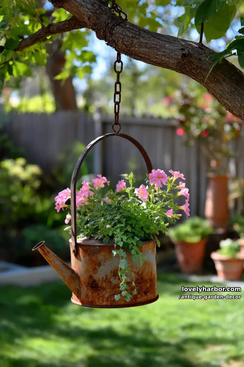 20 Antique Garden Decor Ideas for an Extraordinary Look 45 rusty metal teapot planter with flowers hanging in a sunny garden. 1