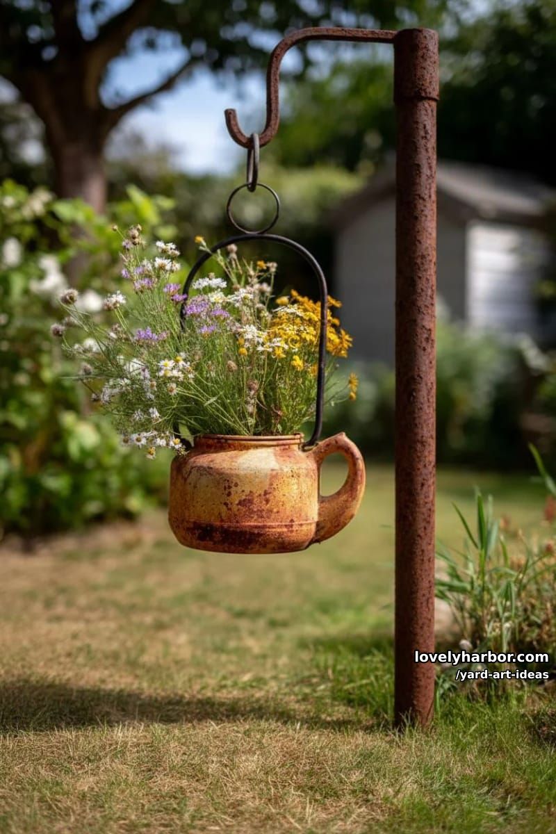 rusty teapot planter overflowing with wildflowers, suspended from a rod. 1