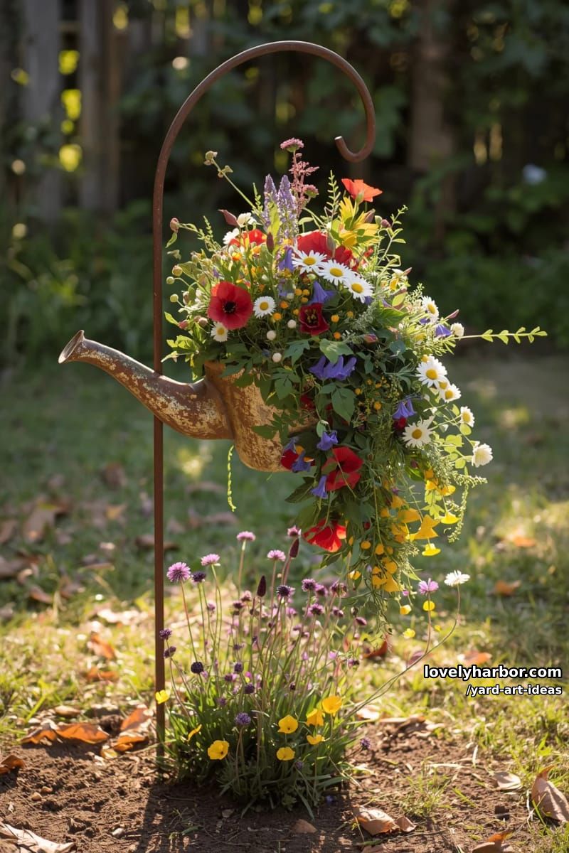 rusty teapot planter overflowing with wildflowers, suspended from a rod. 1